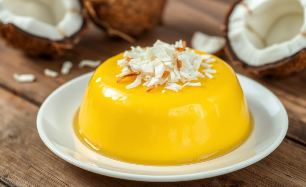 Quindim Tradicional servido em prato branco, com textura cremosa e cobertura de coco ralado.