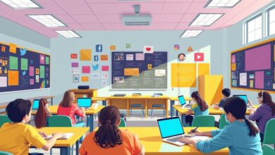Alunos aprendendo com tecnologia em sala de aula.