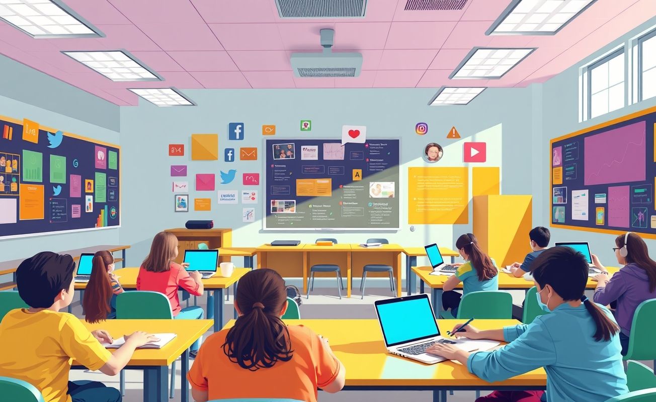 Alunos aprendendo com tecnologia em sala de aula.