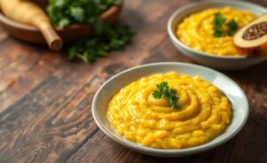 Delicious Risoto de Pequi with creamy texture and bright yellow color from pequi, garnished with fresh herbs.