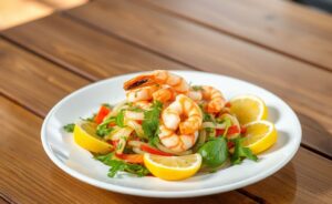 Salada de Chuchu com Camarão colorida, com texturas crocantes e suculentas, apresentada em um prato branco.