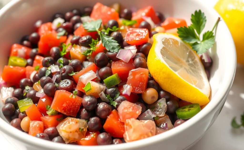 Salada de Feijão Fradinho colorida com feijão cozido, tomate, cebola roxa e pimentão verde em uma tigela.