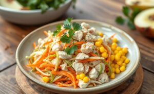 Delicious Salpicão de Frango Refrescante e Cremoso served in a rustic bowl with colorful vegetables.