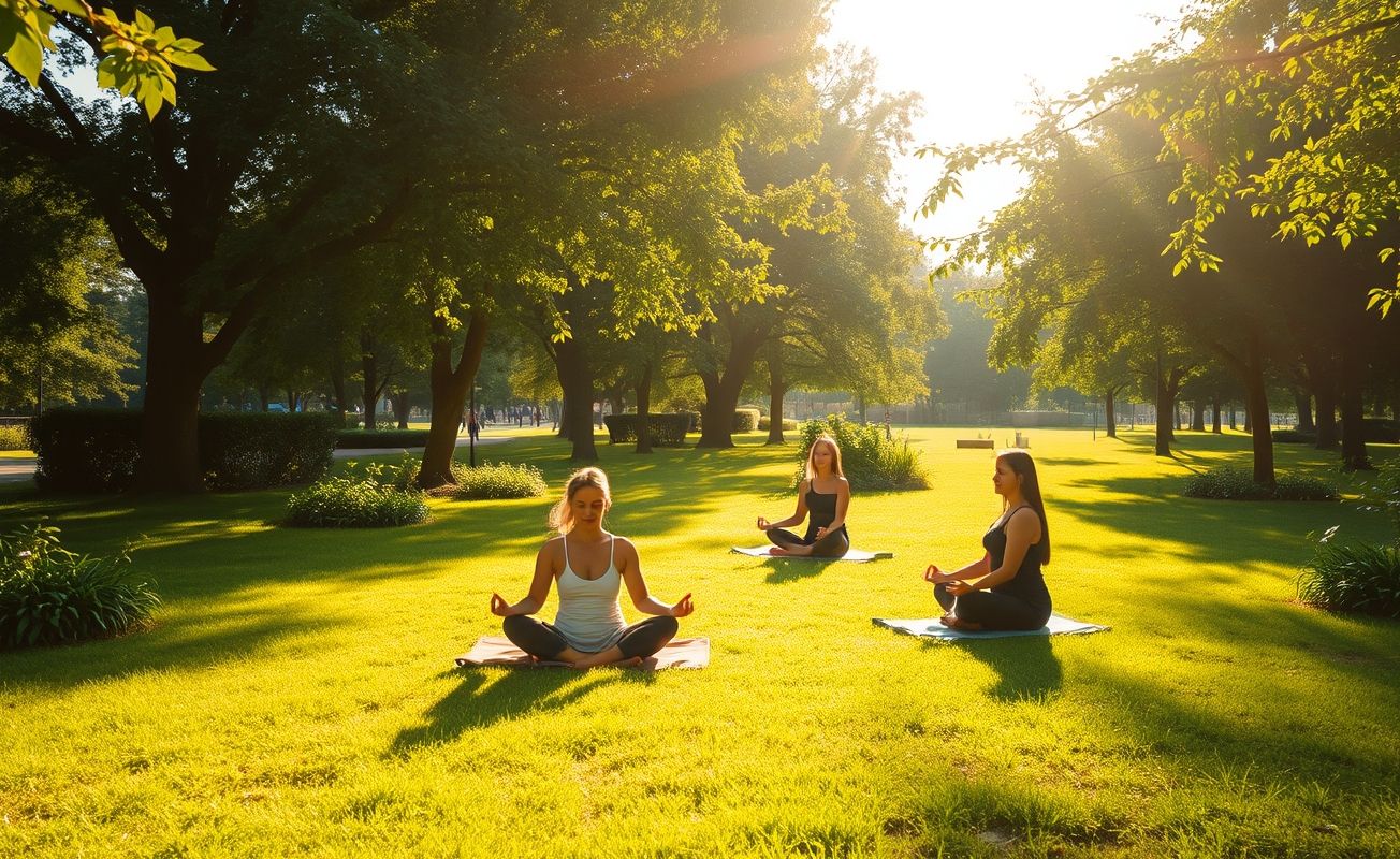 Meditação ao ar livre em ambiente tranquilo.