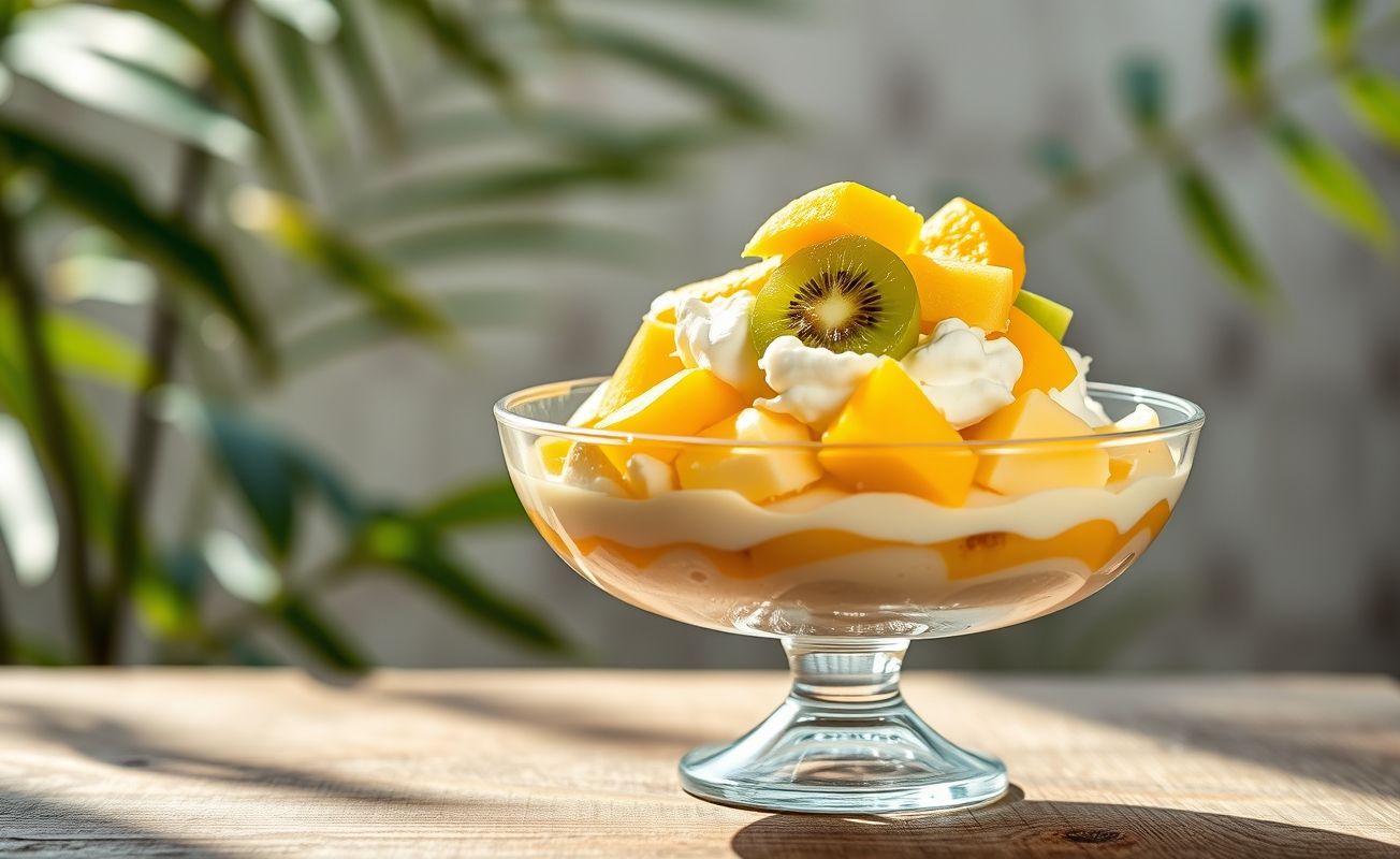 Sensual Brasil – A Sobremesa Diferente com camadas cremosas de banana e coco, decorada com frutas tropicais vibrantes.