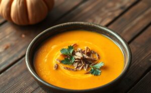 Sopa de Abóbora com Carne Seca cremosa e vibrante, decorada com salsinha fresca em um prato aconchegante.