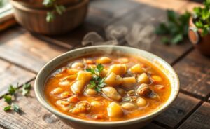 Deliciosa Sopa de Feijão com Macarrão em uma tigela rústica, com ervas frescas em cima.