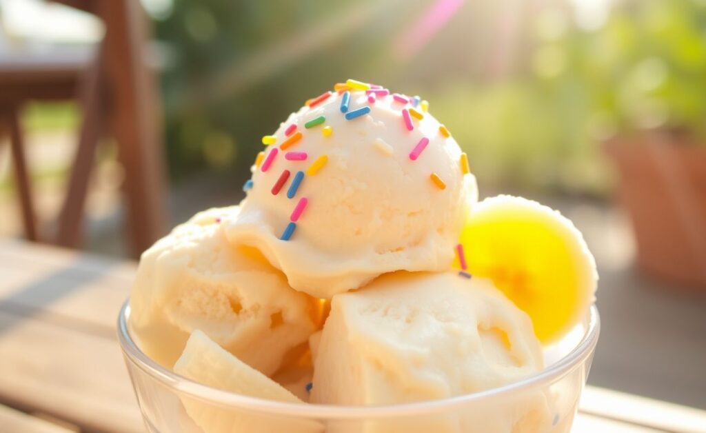 Sorvete caseiro com 2 ingredientes (sem máquina!) servido em uma tigela, coberto com granulado colorido.
