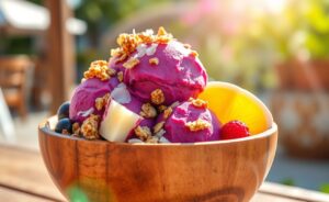 Delicious Sorvete de Açaí served in a bowl with vibrant colors and textures, garnished with fresh fruits.