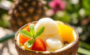 Sorvete de Buriti servido em uma casca de coco, decorado com folhas verdes e frutas tropicais coloridas.