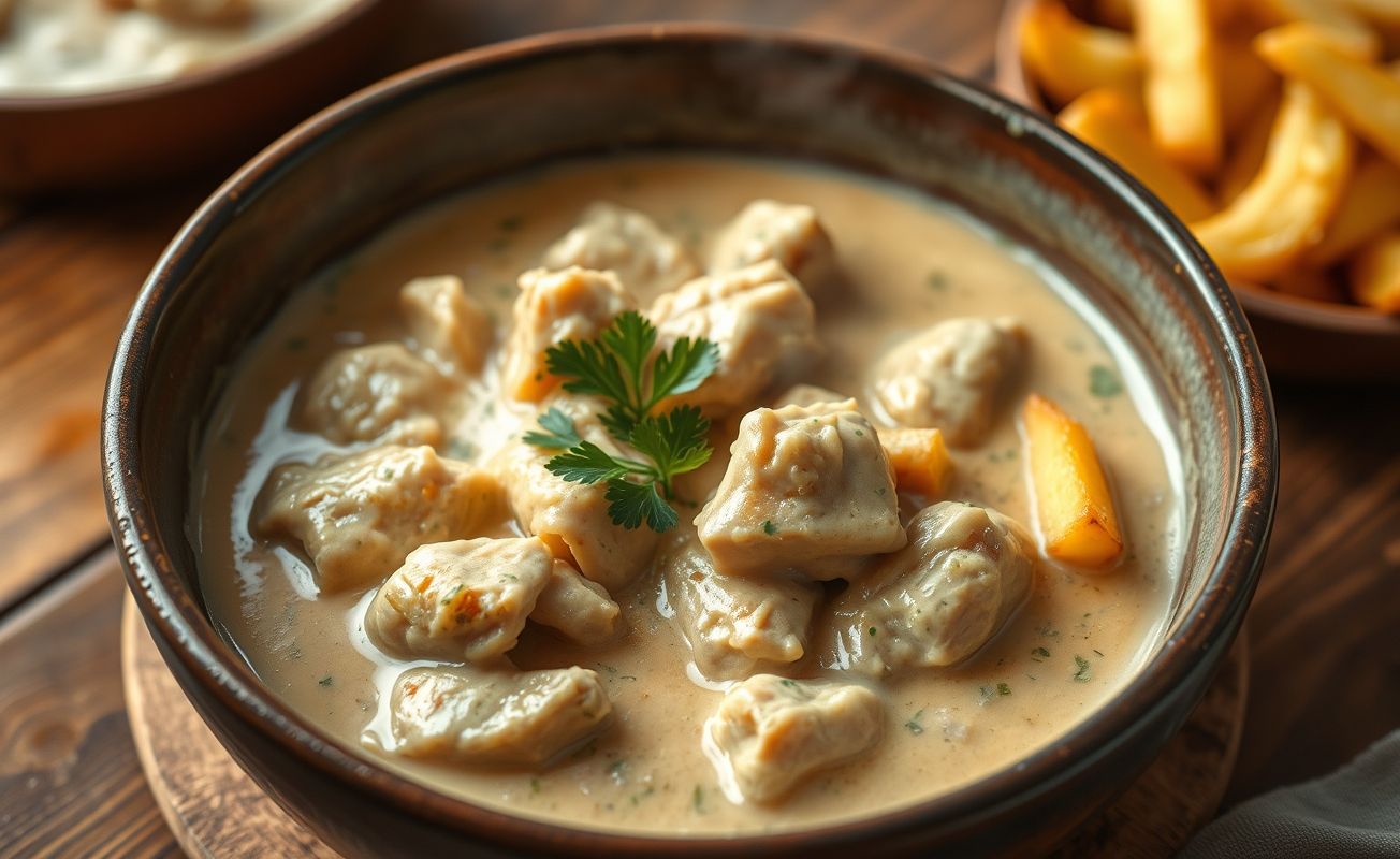 Strogonoff de Frango Cremoso servido em uma tigela rústica com batata palha crocante ao lado.