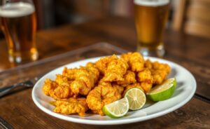 Deliciously crispy Torresmo Pururuca served with lime slices on a rustic table.
