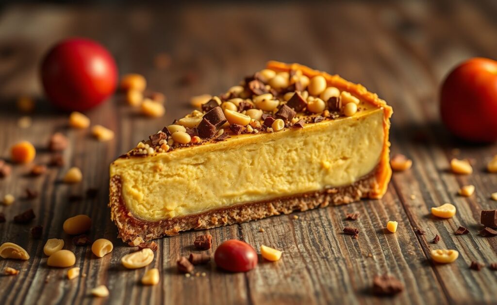 Torta de Castanha-do-Brasil com textura cremosa, decorada com nozes e frutas frescas.