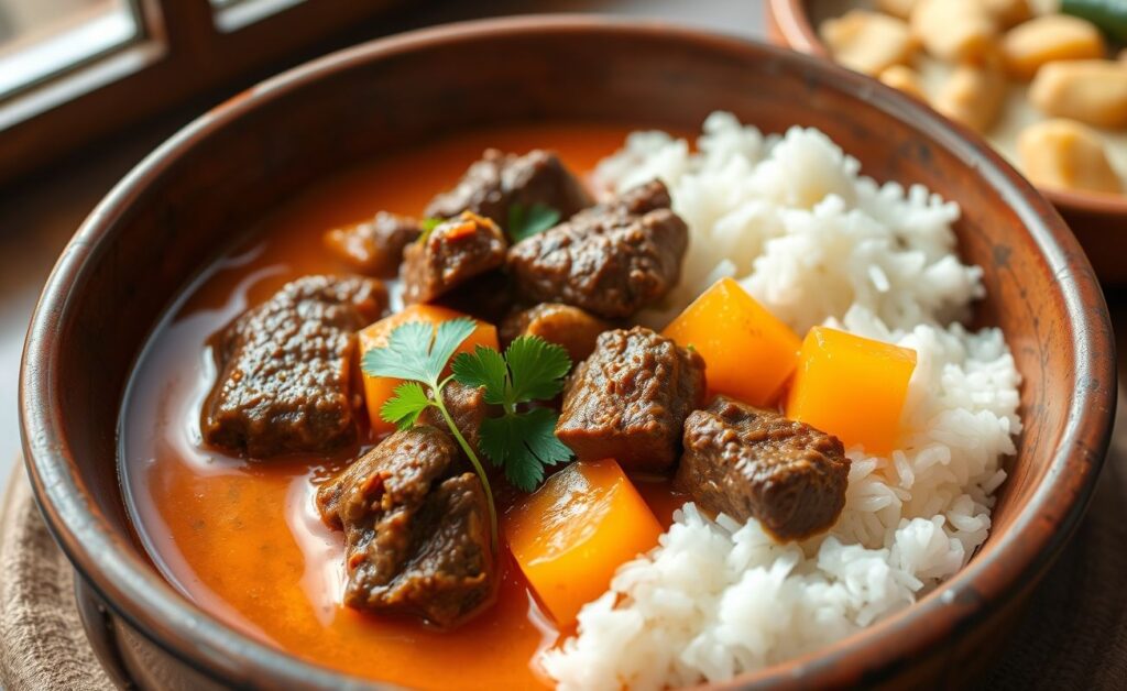 Delicious Vaca Atolada com Mandioquinha served in a rustic bowl, highlighting its vibrant colors and textures.