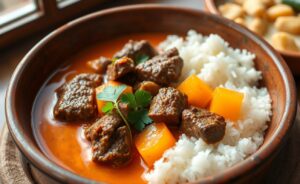 Delicious Vaca Atolada com Mandioquinha served in a rustic bowl, highlighting its vibrant colors and textures.