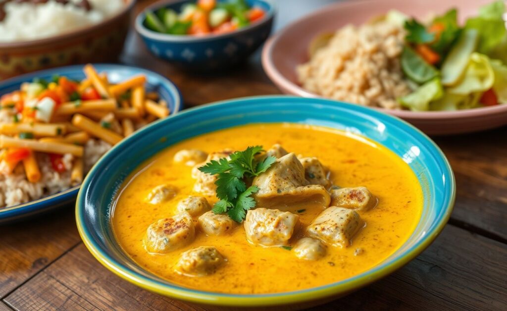 Delicioso Vatapá de Grão-de-bico cremoso servido em um prato vibrante, decorado com coentro fresco.