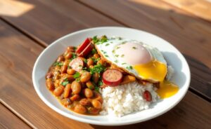 Virado à Paulista servido em um prato fundo com feijão, arroz branco e ovo frito, tudo colorido e apetitoso.